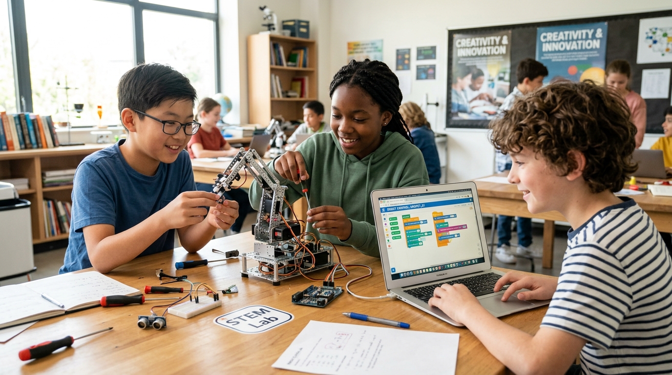 Estudiantes aplicando el aprendizaje basado en proyectos en robótica para programar y ensamblar un robot
