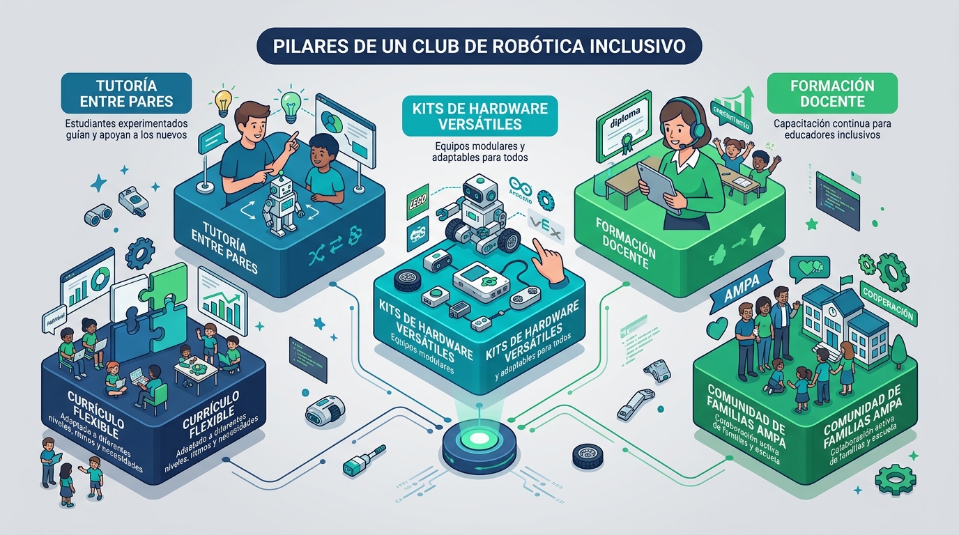 Infografía que resume los 5 pilares para crear un club de robótica escolar inclusivo para colegios y AMPAs