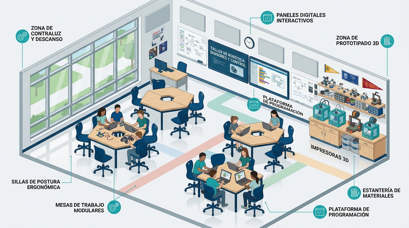Infografía que detalla las características y equipamiento de las instalaciones de una academia de robótica