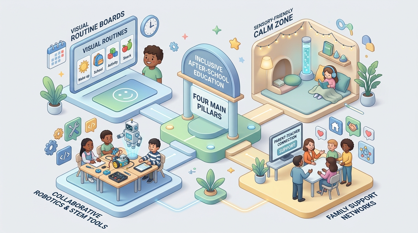 Infografía explicativa sobre los pilares de la atención a la diversidad en colegios y AMPAs
