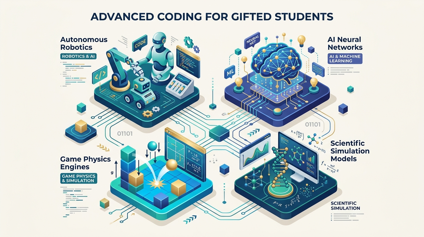 Infografía que resume los pilares de la programación para niños de altas capacidades y retos STEM