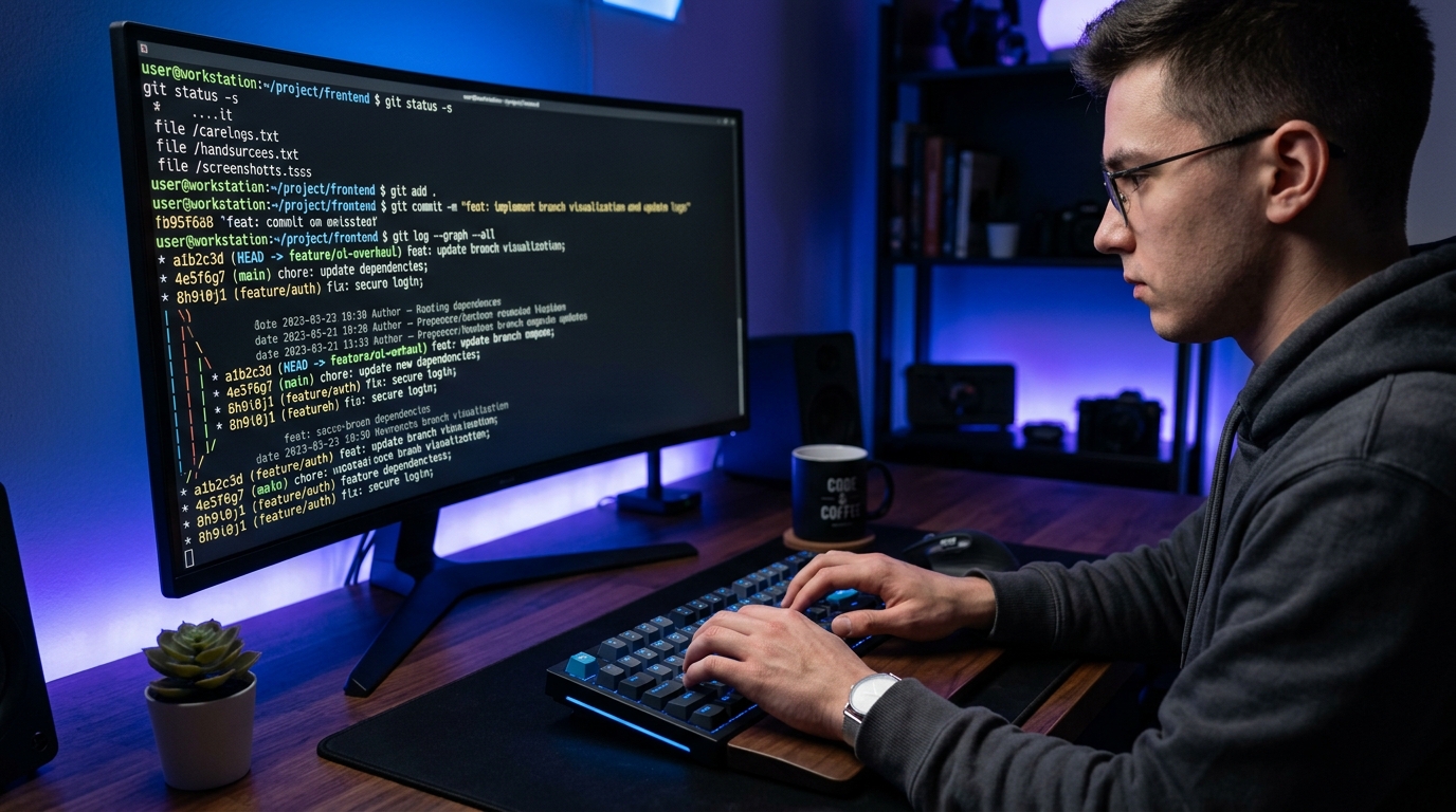 Estudiante ejecutando comandos en la consola durante una sesión de Git para principiantes y gestión de repositorios