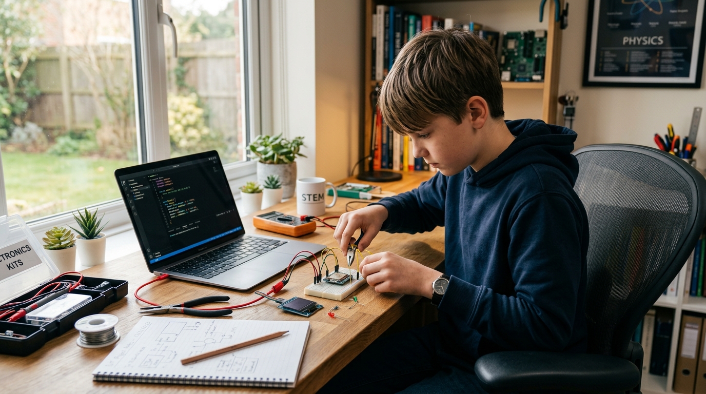 Estudiante de altas capacidades programando un microcontrolador ESP32 en un curso de robótica avanzada online