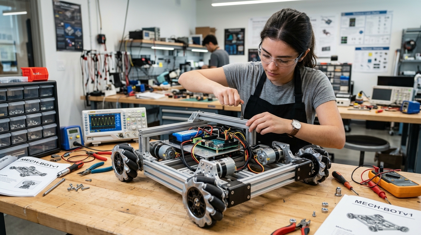 Prototipo mecatrónico en fase de montaje mostrando el diseño de chasis robot con tracción omnidireccional