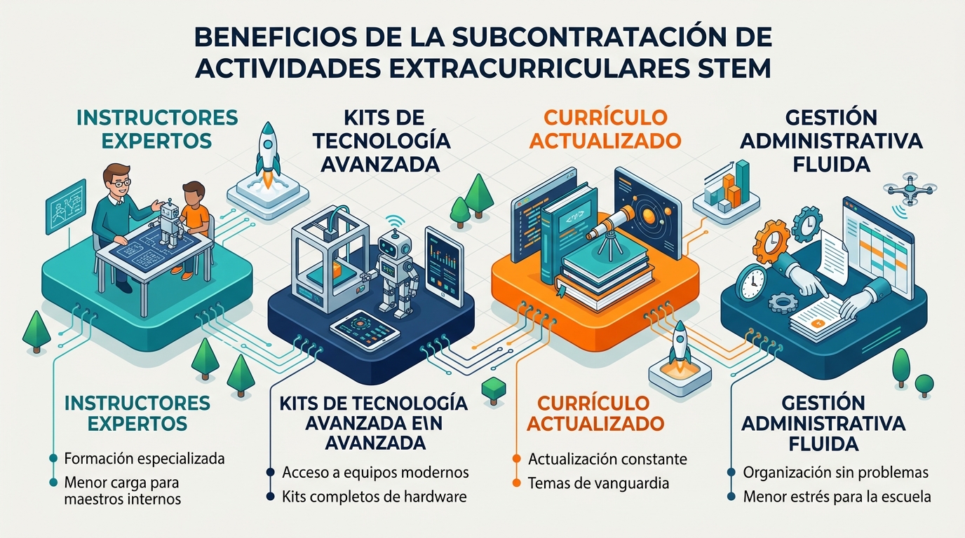 Infografía que resume los 4 pilares de externalizar las extraescolares STEM en colegios y AMPAs