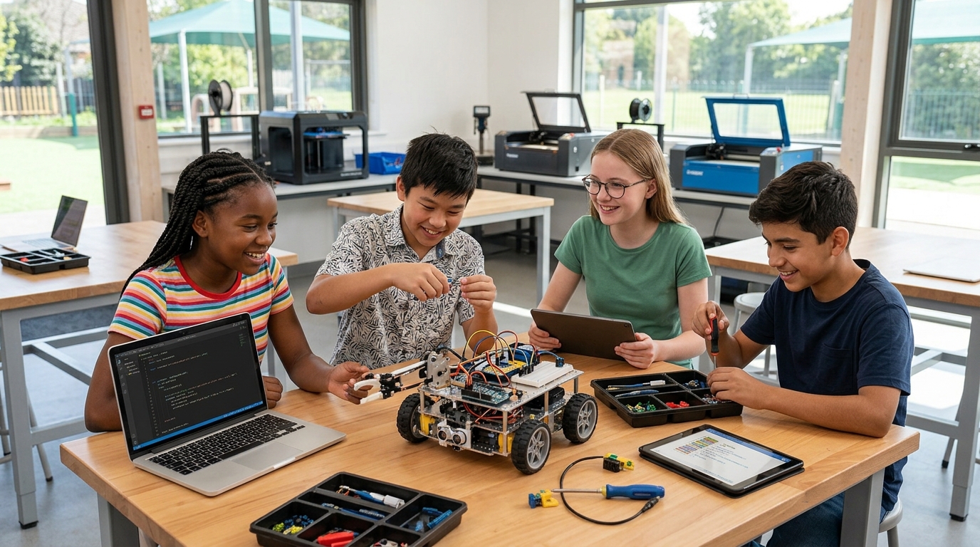 Jóvenes trabajando en equipo en un proyecto STEM dentro de un grupo de iguales en altas capacidades