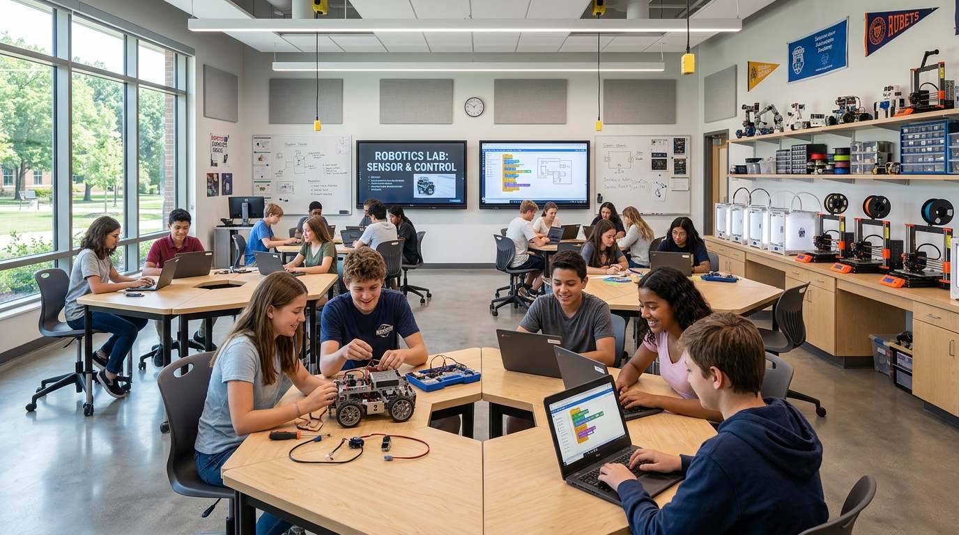 Aula ergonómica y tecnológica en las instalaciones de una academia de robótica para niños