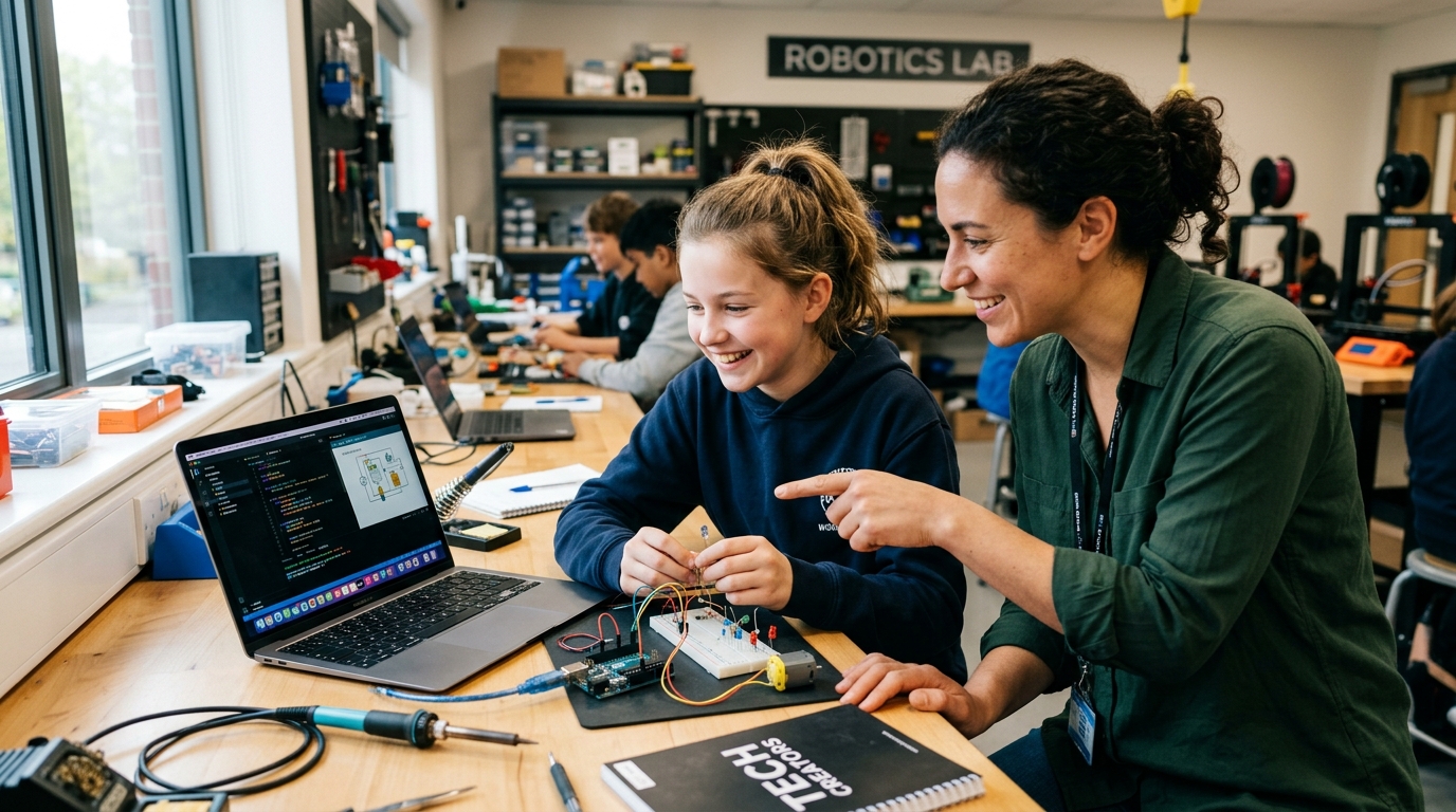 Joven estudiante desarrollando un proyecto de programación guiado mediante una mentoría STEM para niños