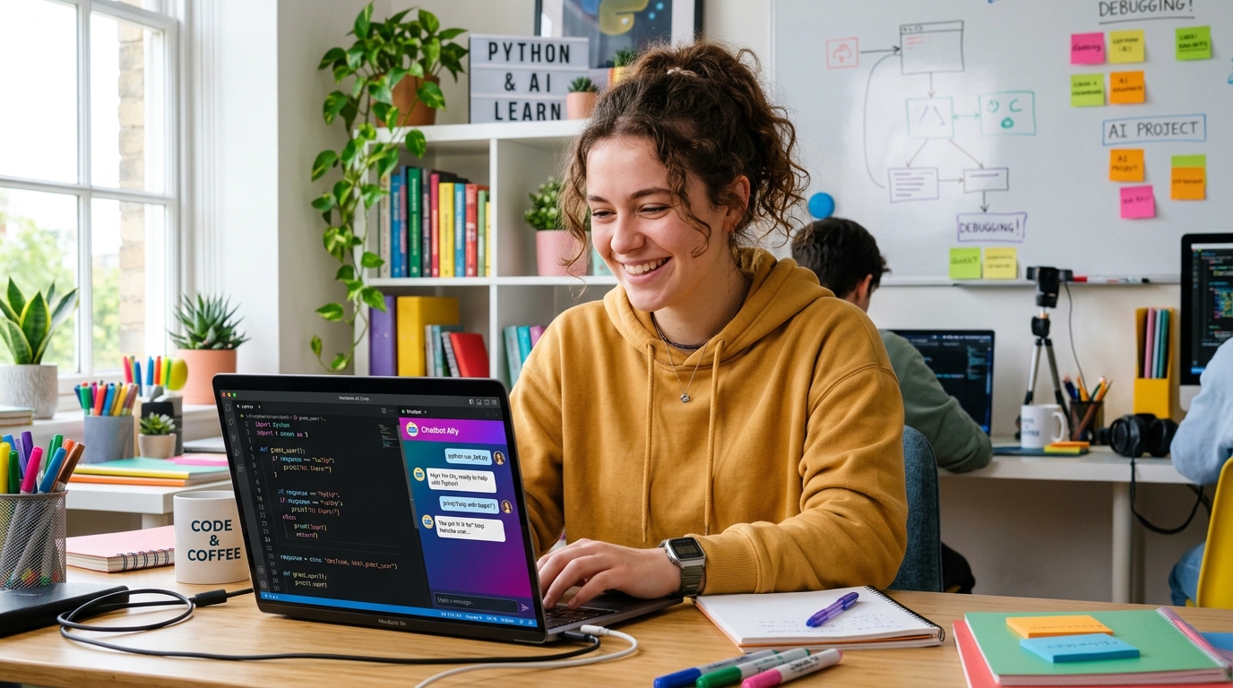 Joven estudiante probando el código de un chatbot Python para niños en un entorno de desarrollo simplificado