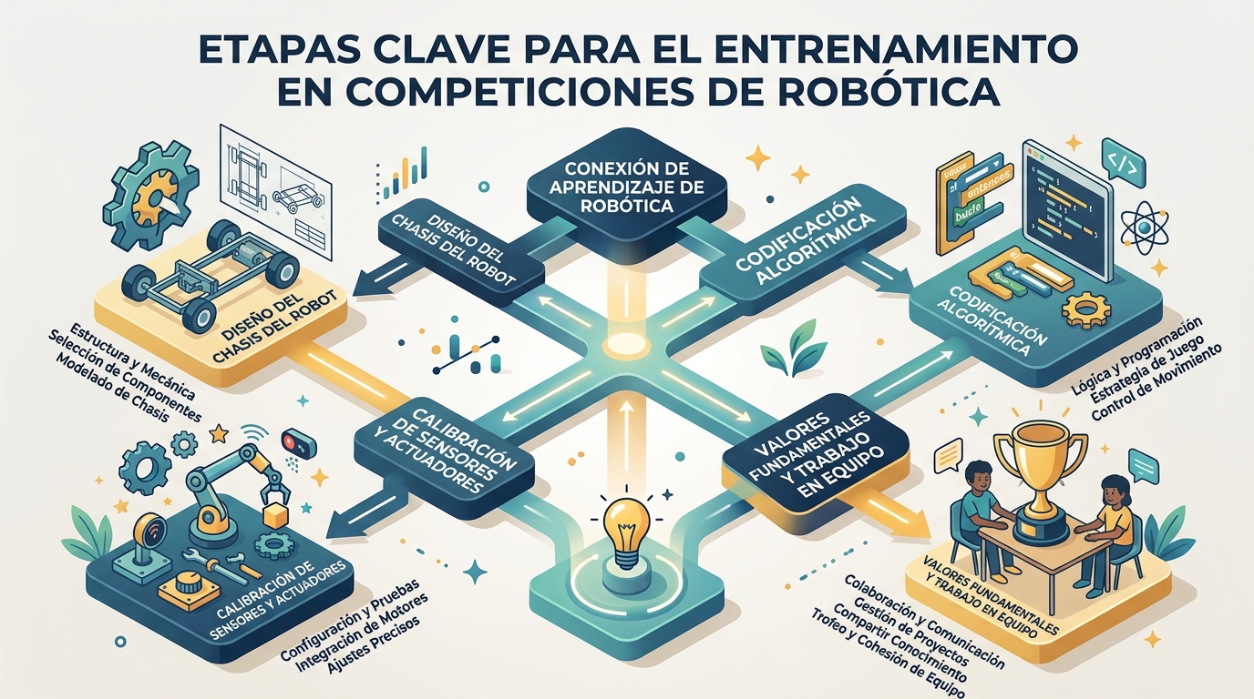Infografía que resume los beneficios técnicos y transversales de participar en competiciones de robótica para niños