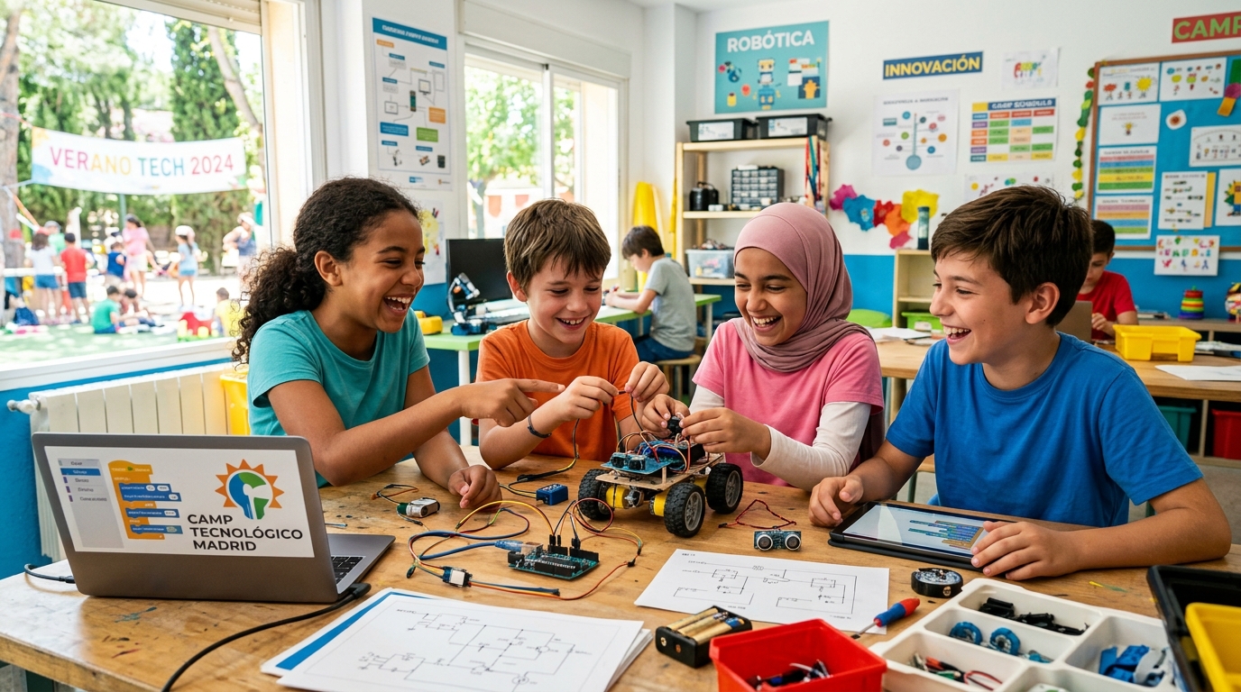 Grupo de niños ensamblando y programando un robot en un campamento urbano de robótica durante las vacaciones