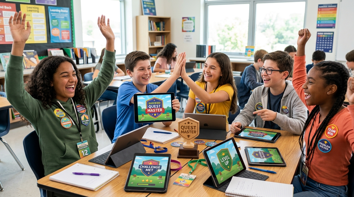 Alumnos interactuando con un tablero digital en una sesión de gamificación educativa dentro del aula