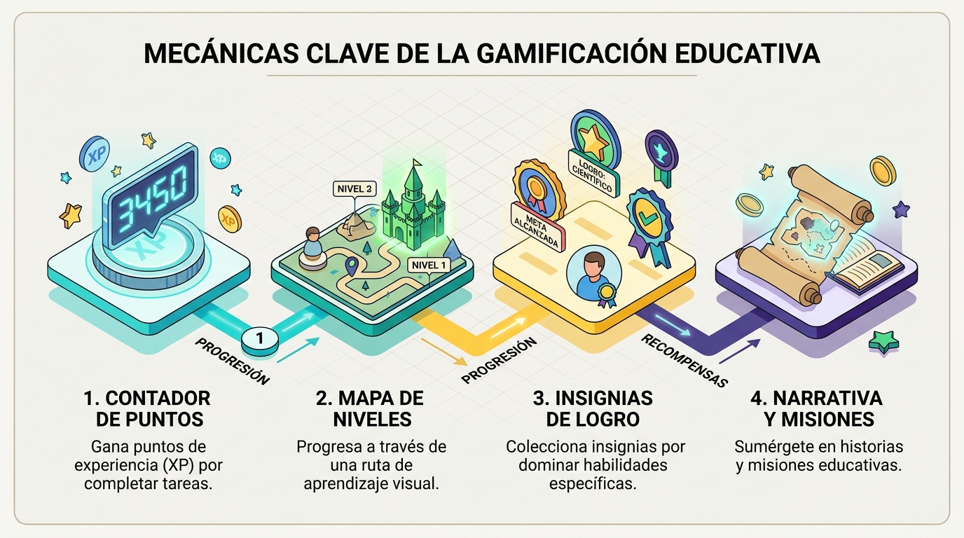 Infografía que resume las mecánicas clave de la gamificación educativa: puntos, niveles, feedback e historias