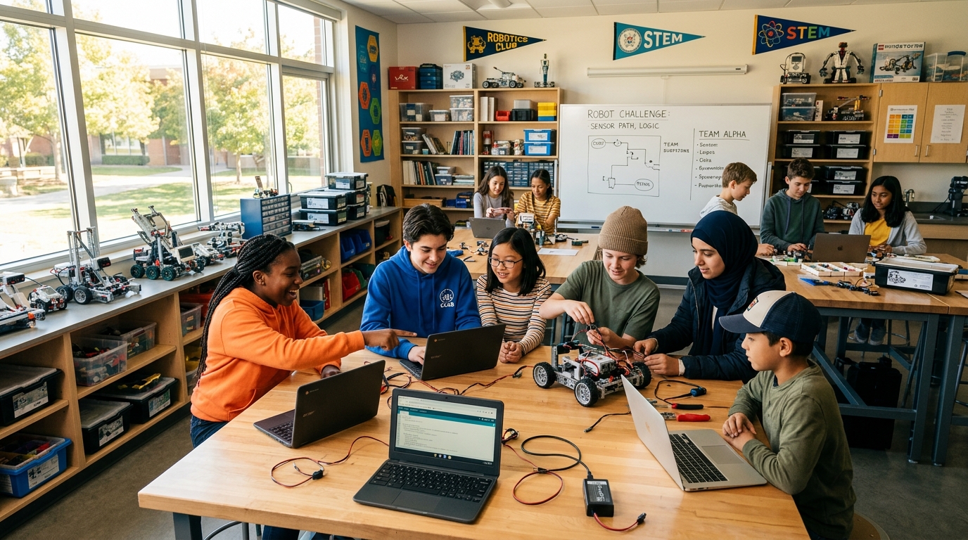 Estudiantes trabajando juntos en proyectos de programación dentro de un club de robótica escolar inclusivo