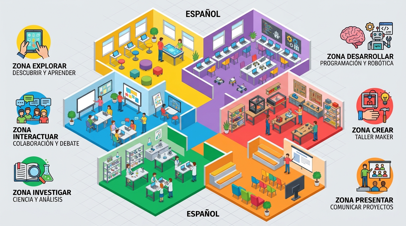 Infografía que detalla la distribución de las 6 zonas de aprendizaje de un aula del futuro colegio