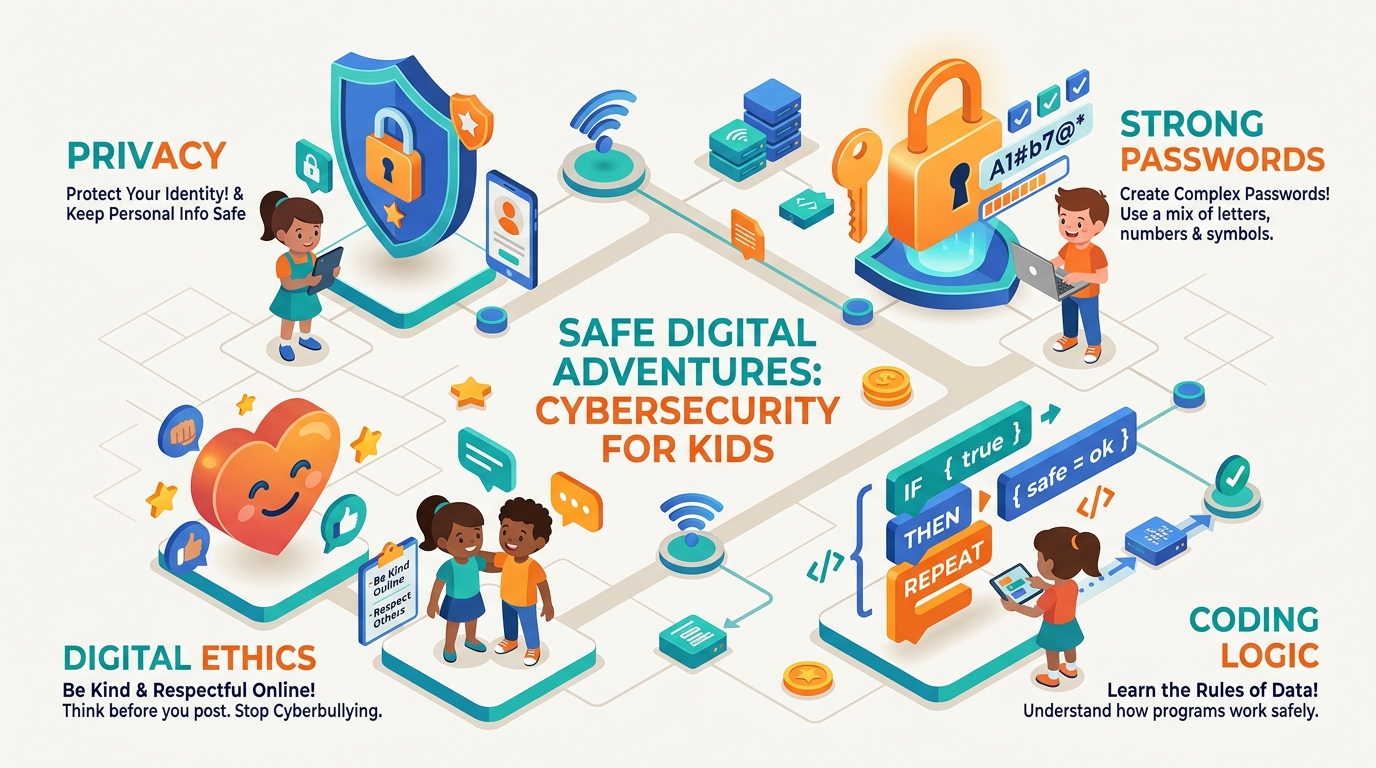 Infografía que resume los hábitos clave para fomentar la ciberseguridad para niños en el hogar