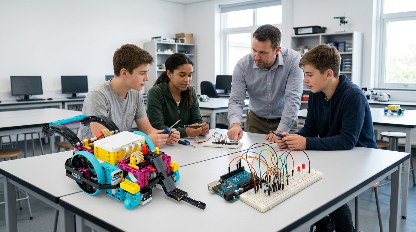 Estudiantes trabajando en un aula con equipamiento de robótica para centro educativo evaluando materiales de Lego Spike Prime y Arduino