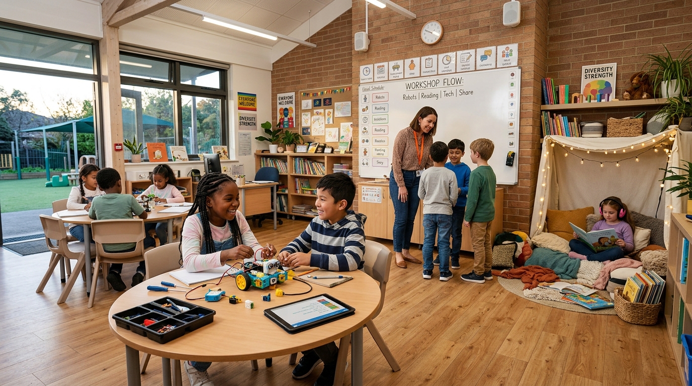 Estudiantes en un aula adaptada para la atención a la diversidad en colegios durante actividades extraescolares
