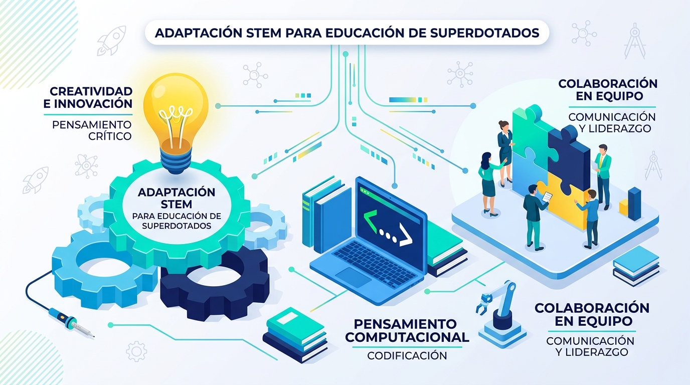 Infografía que resume la aplicación de proyectos STEM para altas capacidades en la adaptación curricular
