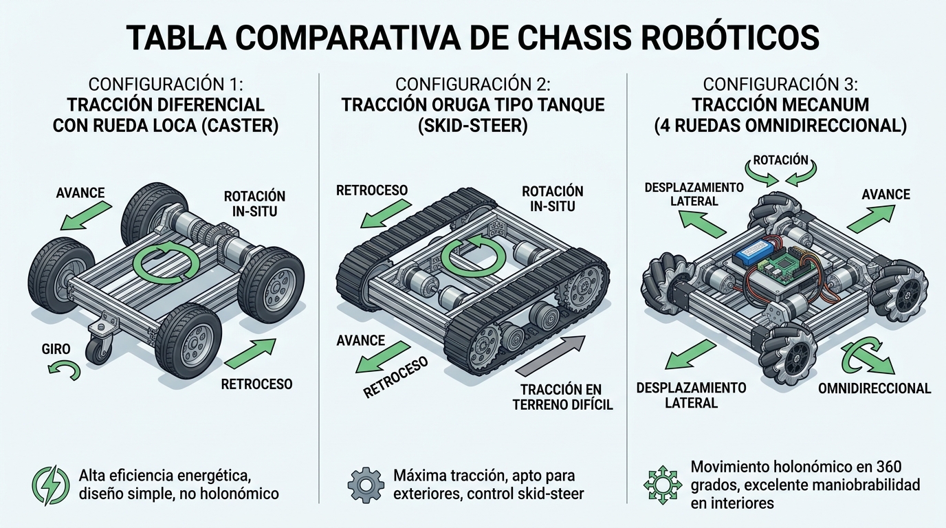 Infografía que compara los sistemas de tracción diferencial, skid-steer y omnidireccional en el diseño de chasis robot