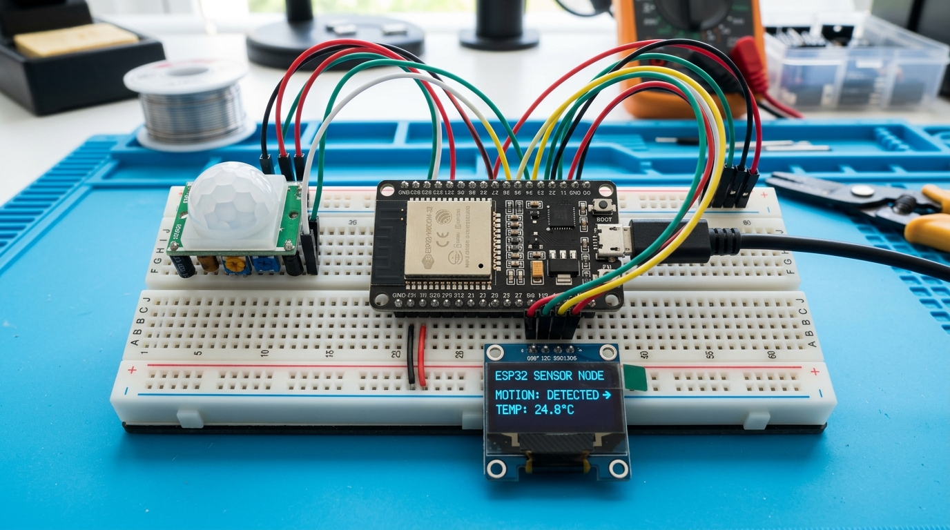 Placa de desarrollo ESP32 conectada a sensores y protoboard para un proyecto de domótica casera con ESP32