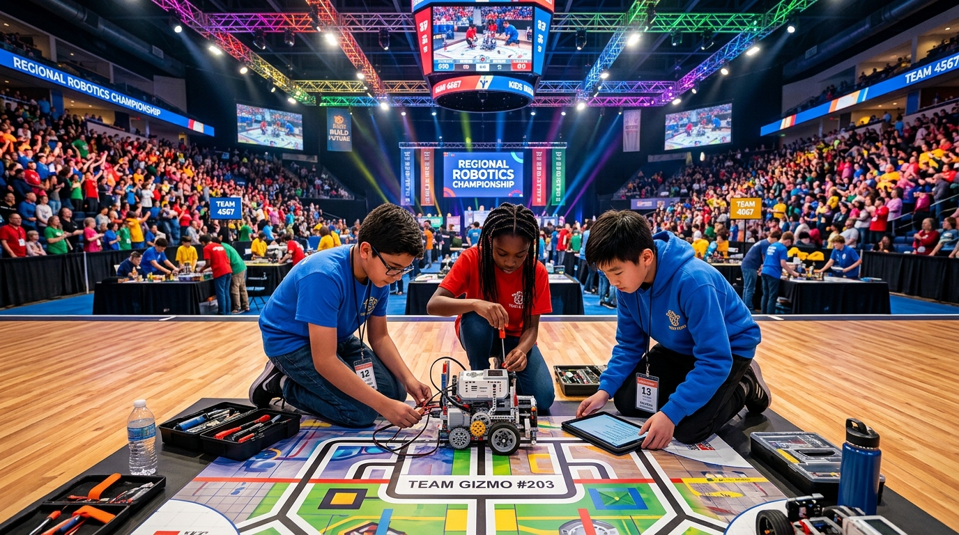 Equipo de estudiantes afinando la programación de un robot en una zona de competiciones de robótica para niños