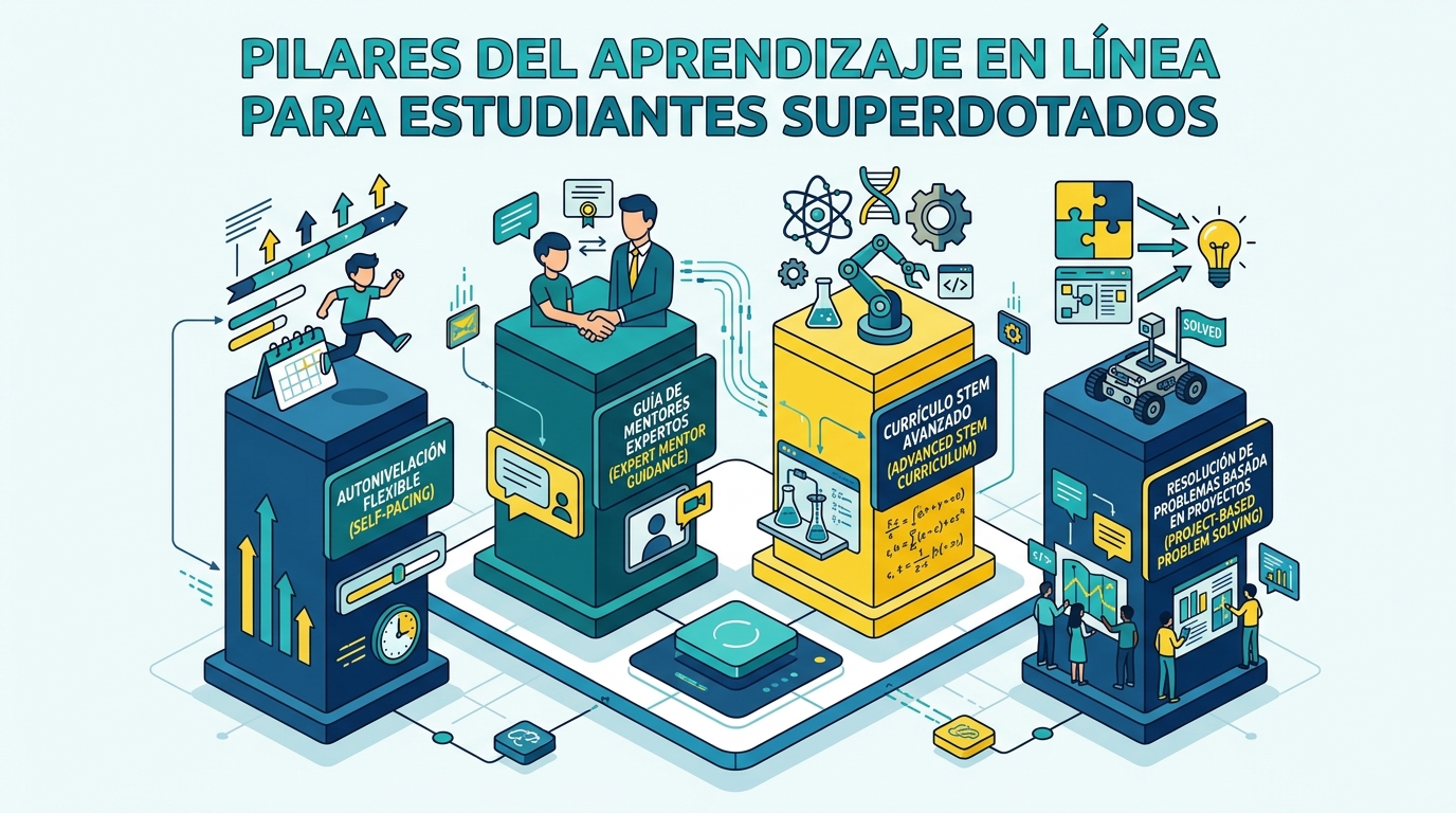 Infografía que resume los pilares pedagógicos de los cursos de robótica para altas capacidades online