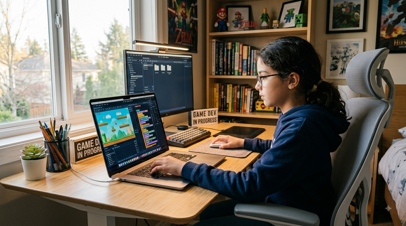 Estudiante en casa aprendiendo el desarrollo de videojuegos para niños