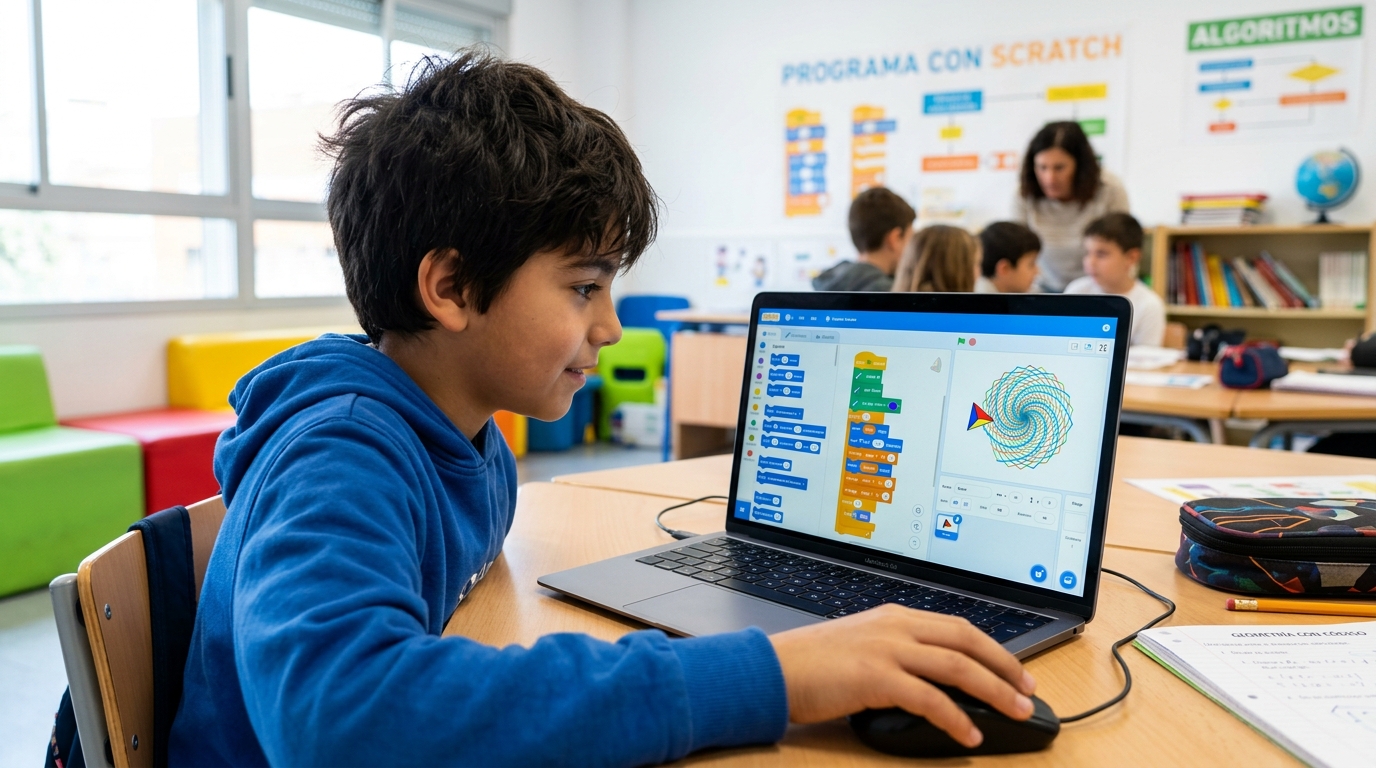 Estudiante creando algoritmos geométricos e interactuando con conceptos de matemáticas con Scratch