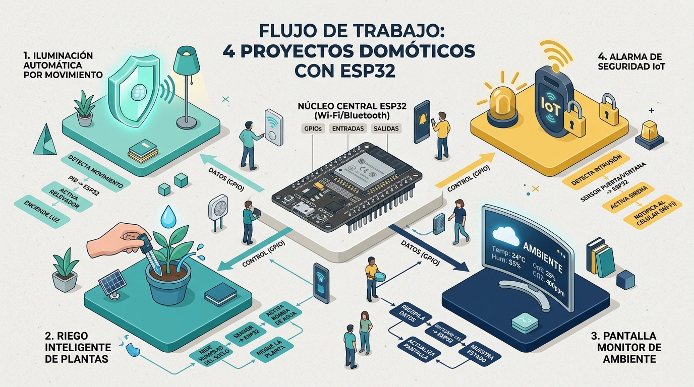 Infografía que resume 4 aplicaciones prácticas de la domótica casera con ESP32 para el hogar inteligente