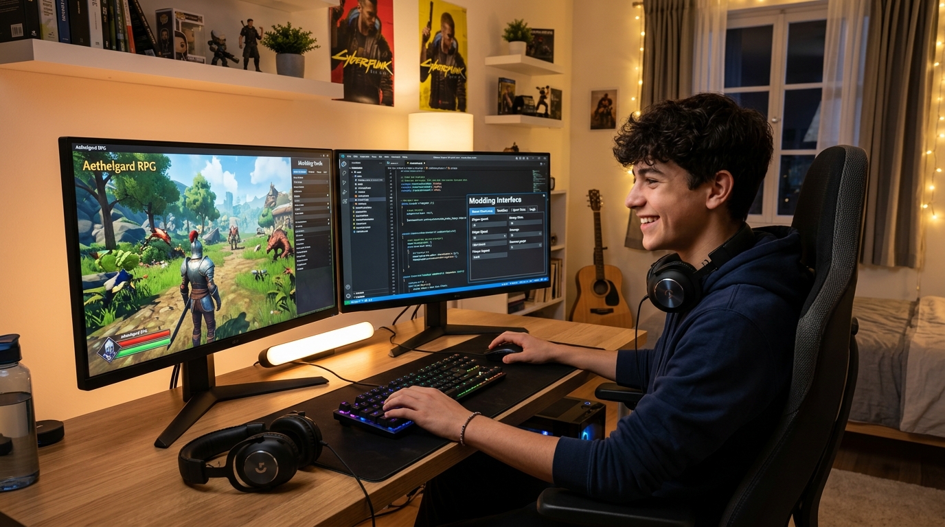 Joven estudiante programando y diseñando niveles durante el desarrollo de mods de videojuegos