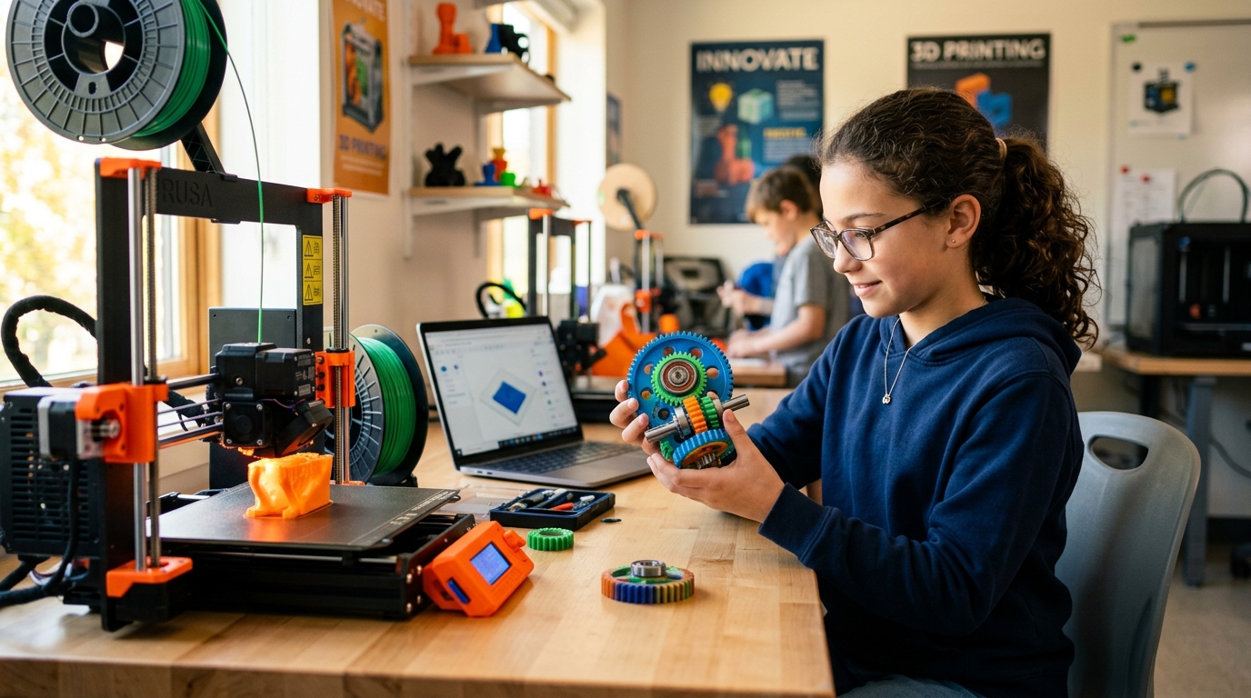 Estudiante de altas capacidades analizando un prototipo diseñado en un taller de impresión 3D