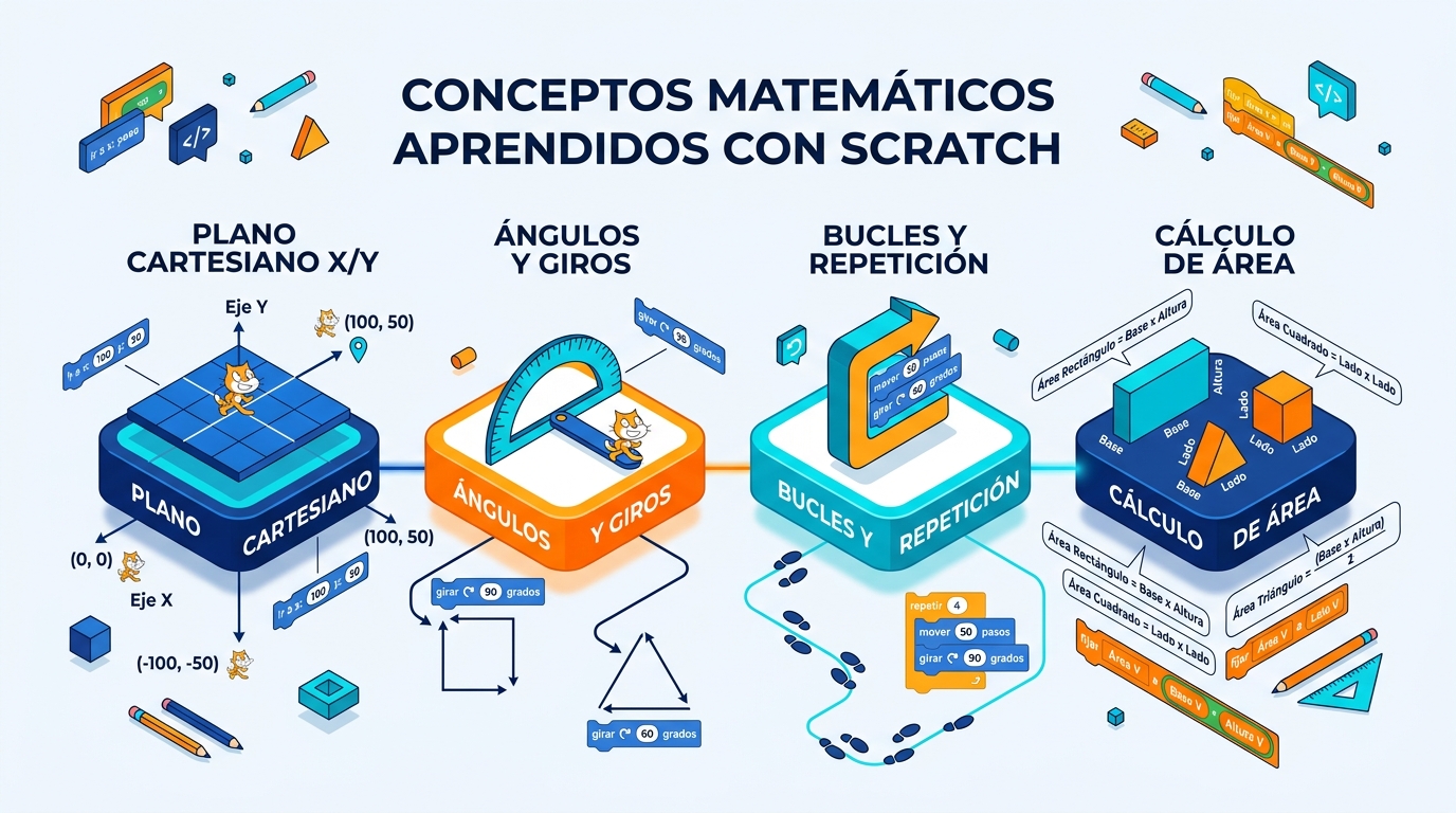 Infografía que resume los conceptos de geometría aplicados en proyectos de matemáticas con Scratch