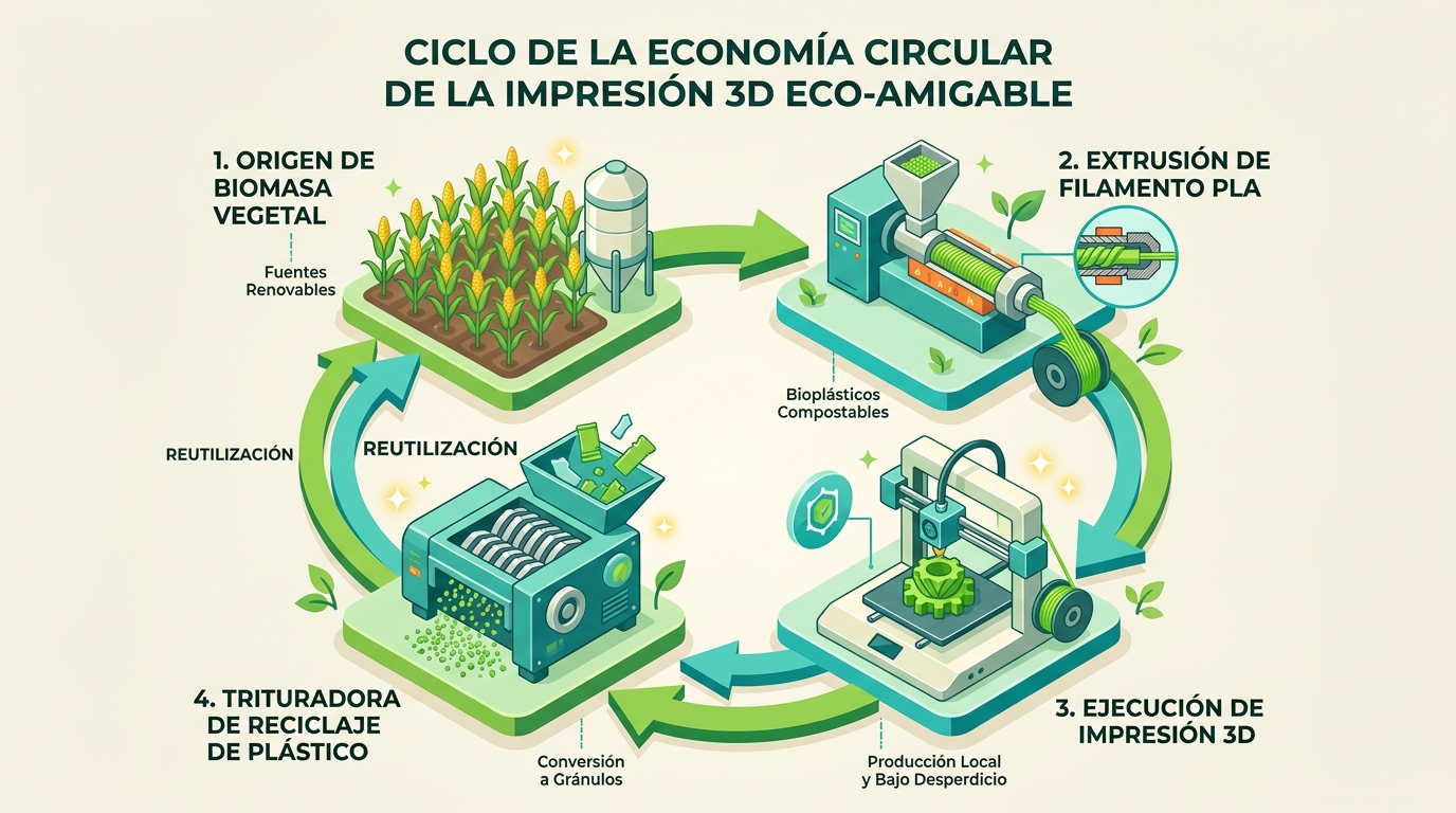 Infografía que ilustra el ciclo de vida circular de la impresión 3D PLA ecológico desde la materia prima hasta el reciclaje