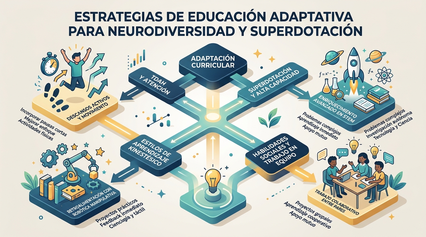 Infografía que resume la adaptación de la robótica para perfiles con TDAH y neurodiversidad y altas capacidades