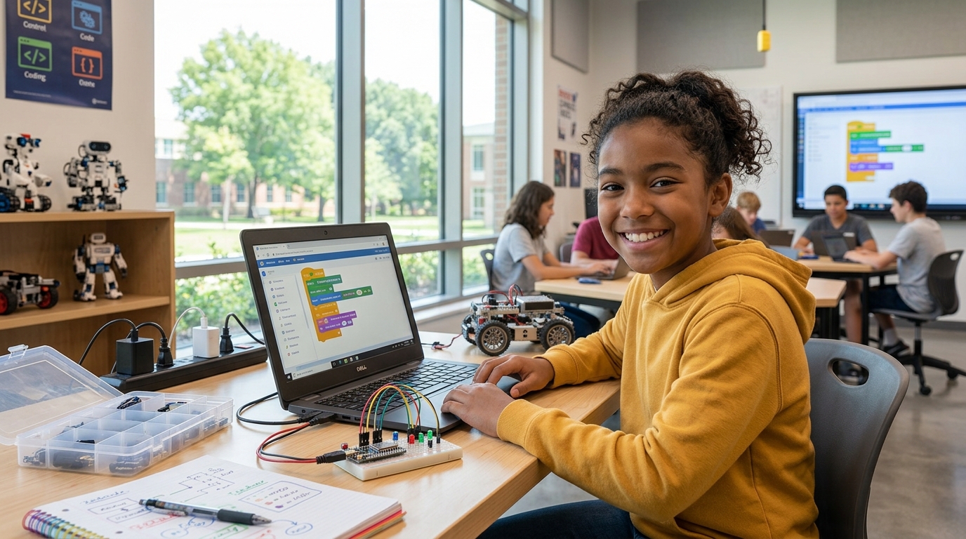 Estudiante de 10 años desarrollando proyectos de código e ingeniería orientados a carreras STEM del futuro