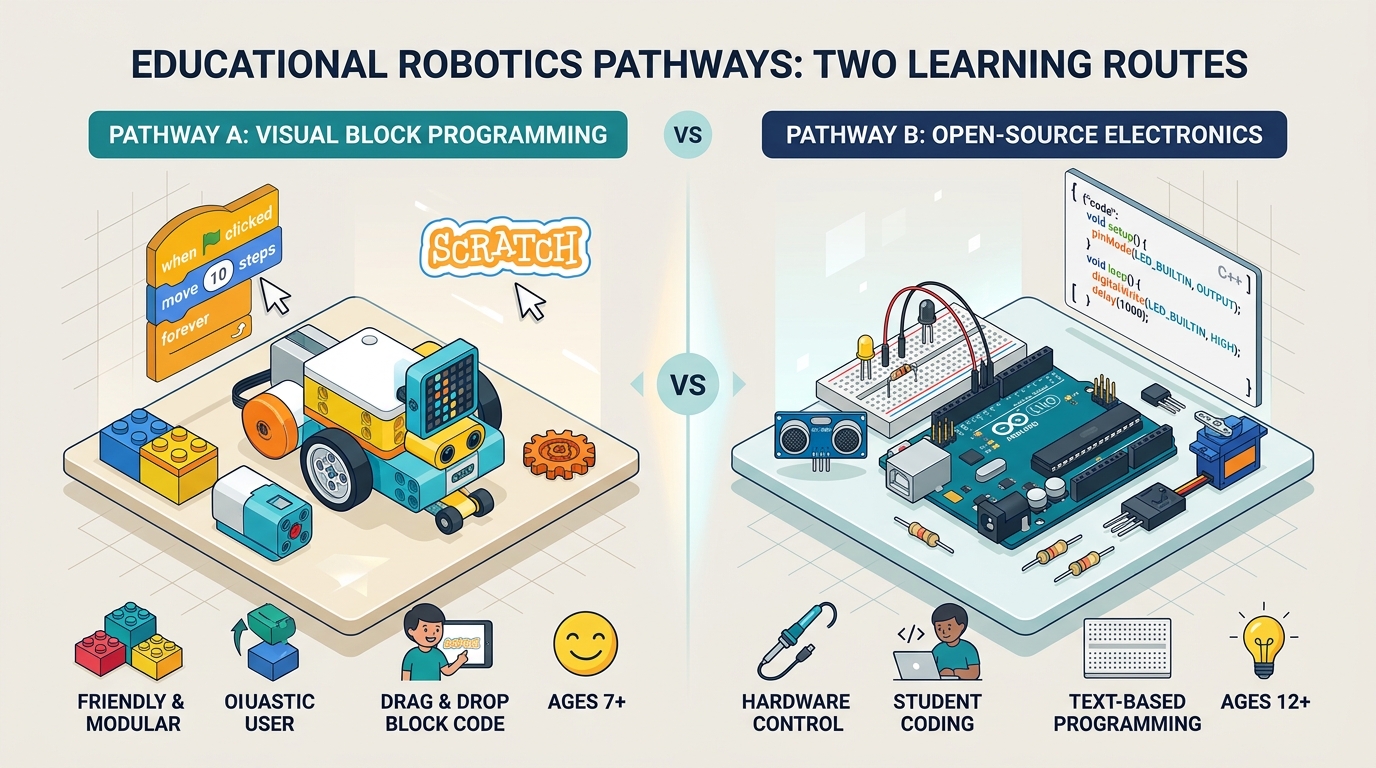 Infografía que compara Lego Spike Prime y Arduino para elegir el equipamiento de robótica para un centro educativo