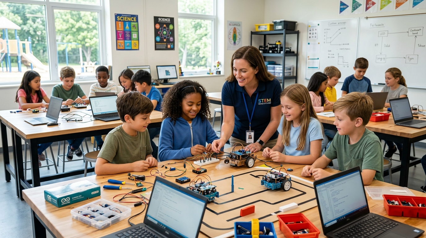 Grupo de estudiantes participando en un taller de extraescolares STEM de robótica y código