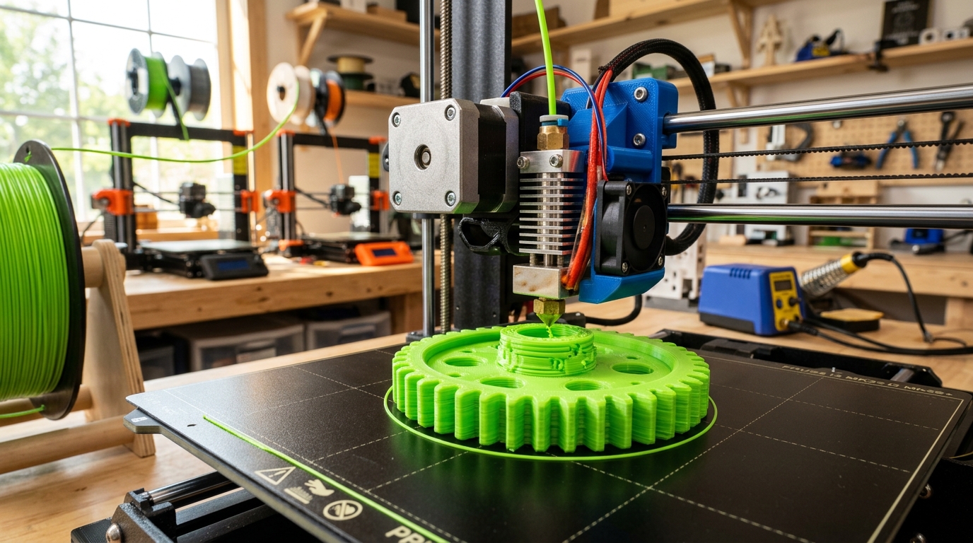 Impresora FDM fabricando un prototipo mediante el uso de impresión 3D PLA ecológico en un laboratorio de prototipado