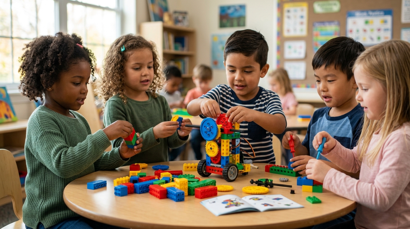 Niños construyendo un robot