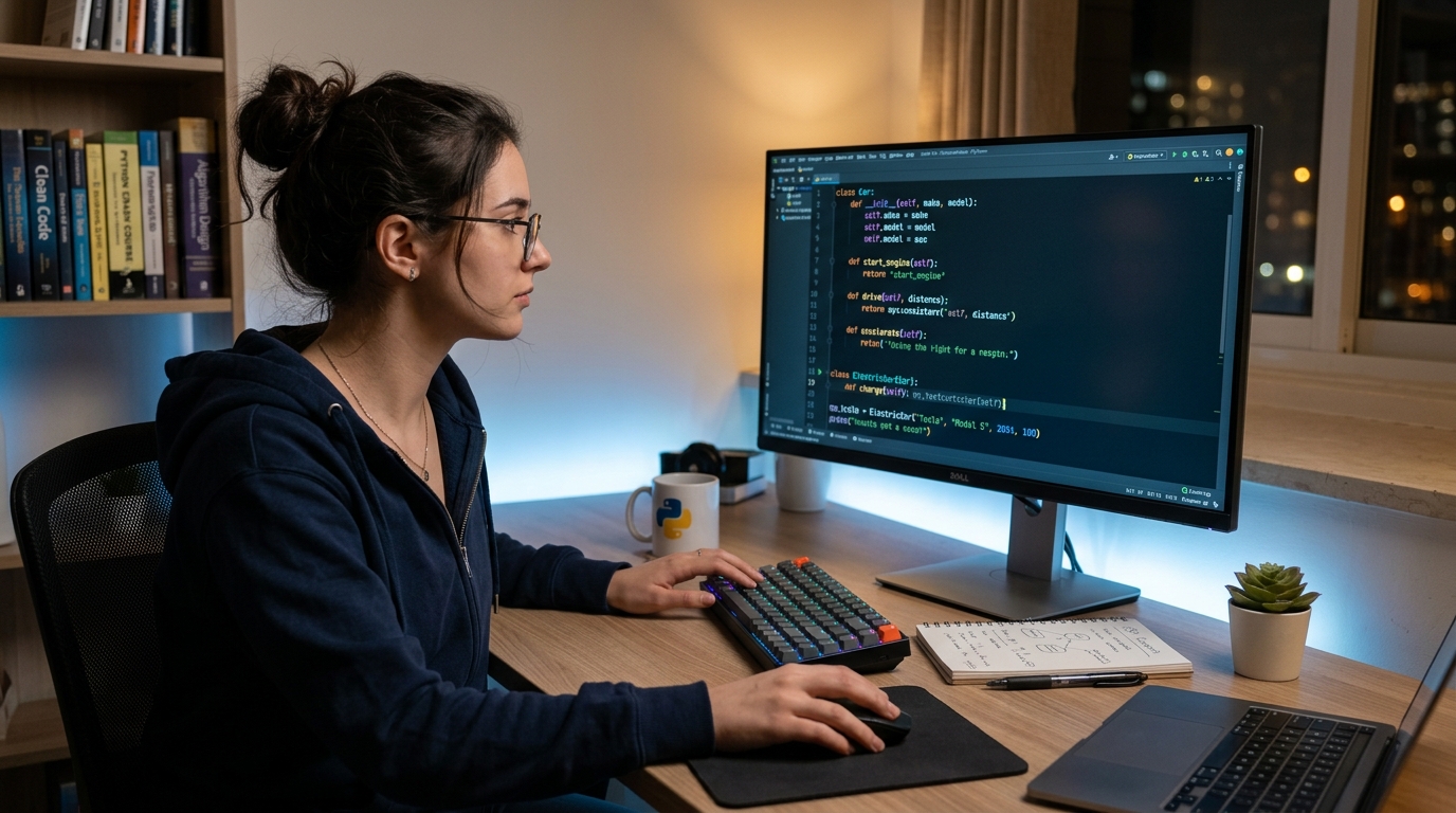 Estudiante de programación analizando diagramas de clases y código Python en un entorno de POO para principiantes