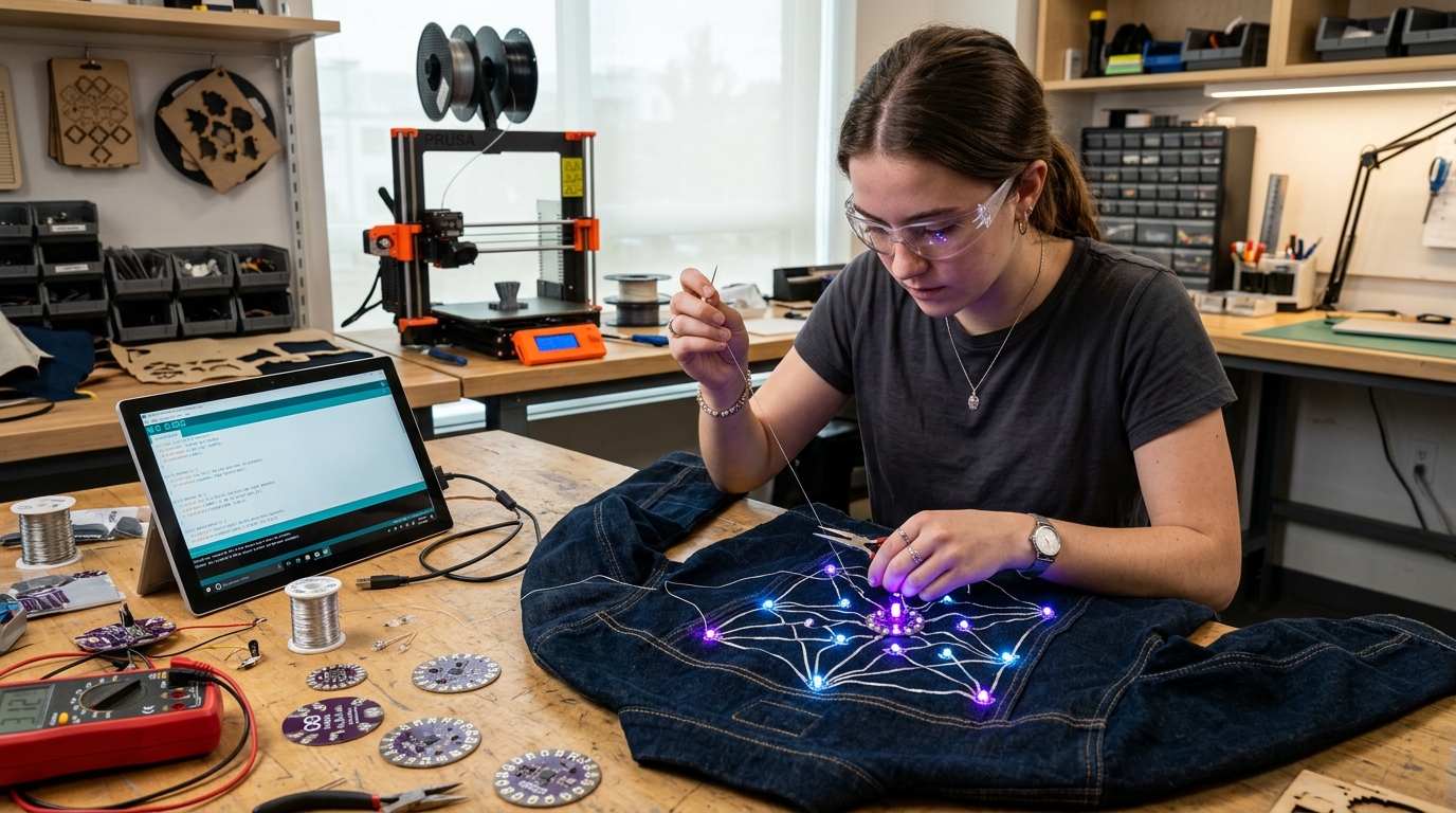 Makers trabajando en proyectos de moda tecnológica y electrónica textil e-textiles con LEDs programables.