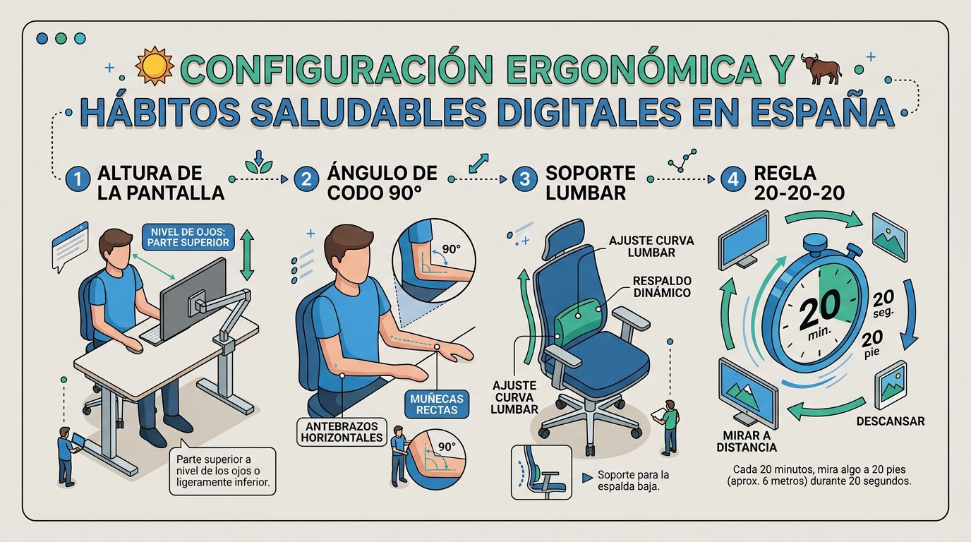 Infografía sobre ergonomía programadores mostrando la postura corporal idónea y la regla 20-20-20 para descansos visuales.