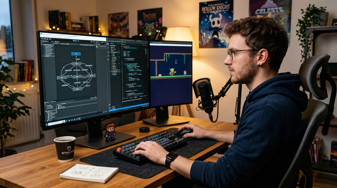 Un estudiante ajustando la lógica de la IA enemigos videojuegos mediante un motor de desarrollo en su ordenador.