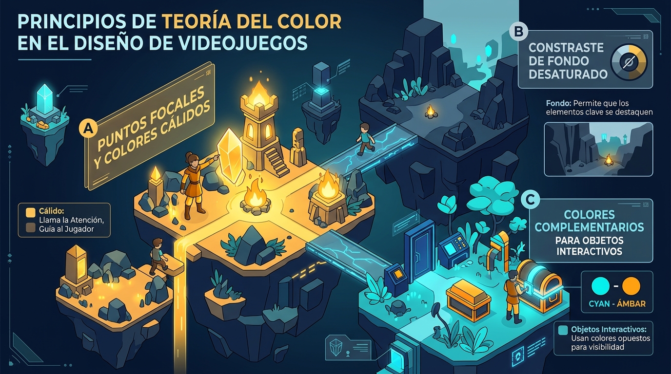 Infografía que resume el uso del color y la iluminación en el diseño de niveles de videojuegos