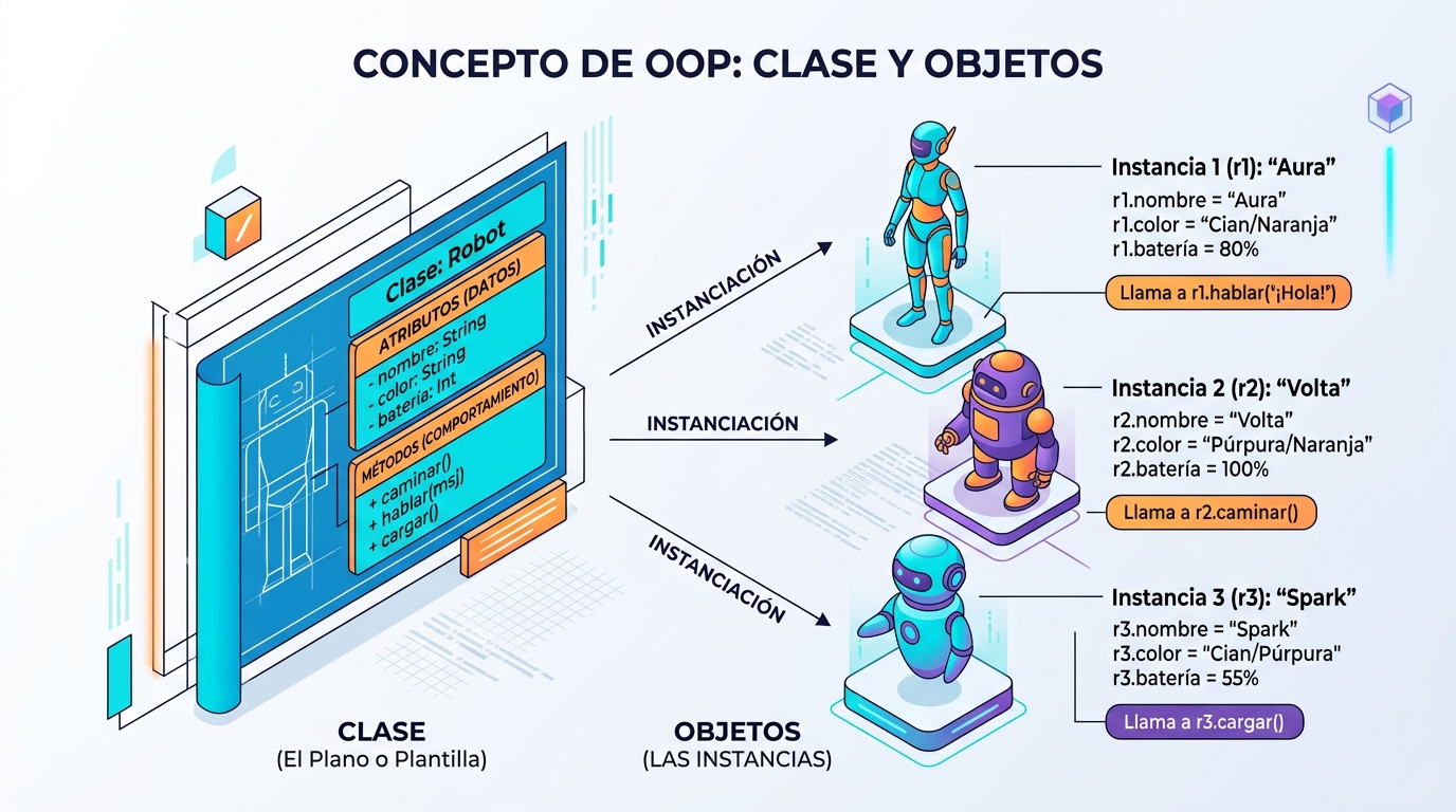 Infografía que explica la relación entre una clase plantilla y múltiples objetos instanciados
