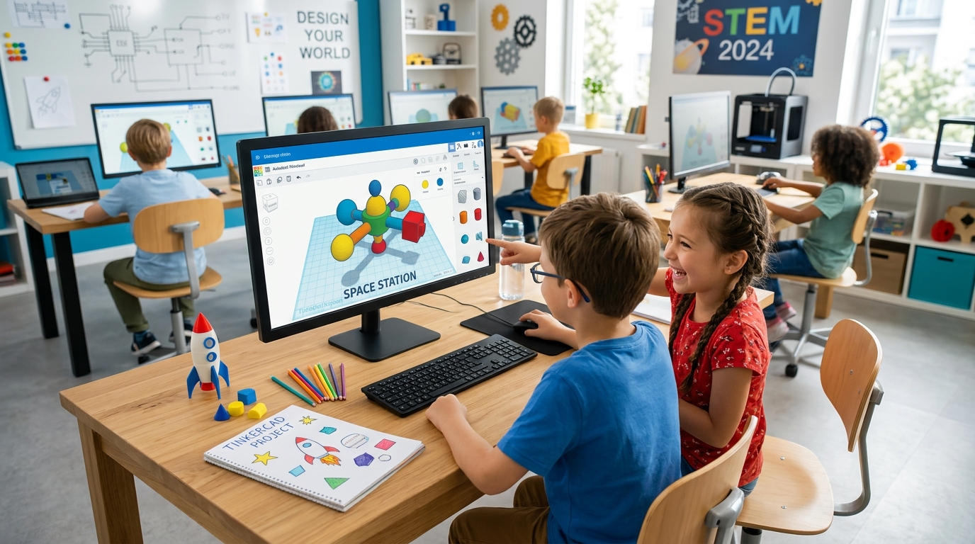 Estudiantes de primaria aprendiendo diseno 3d ninos con Tinkercad en un aula de informática