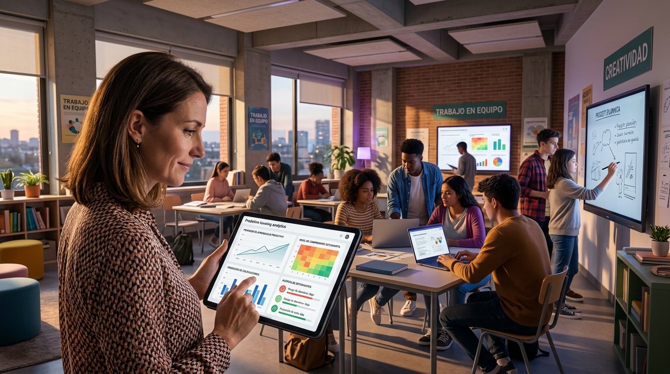 Docente utilizando un panel de analitica de aprendizaje colegios para seguimiento academico predictivo