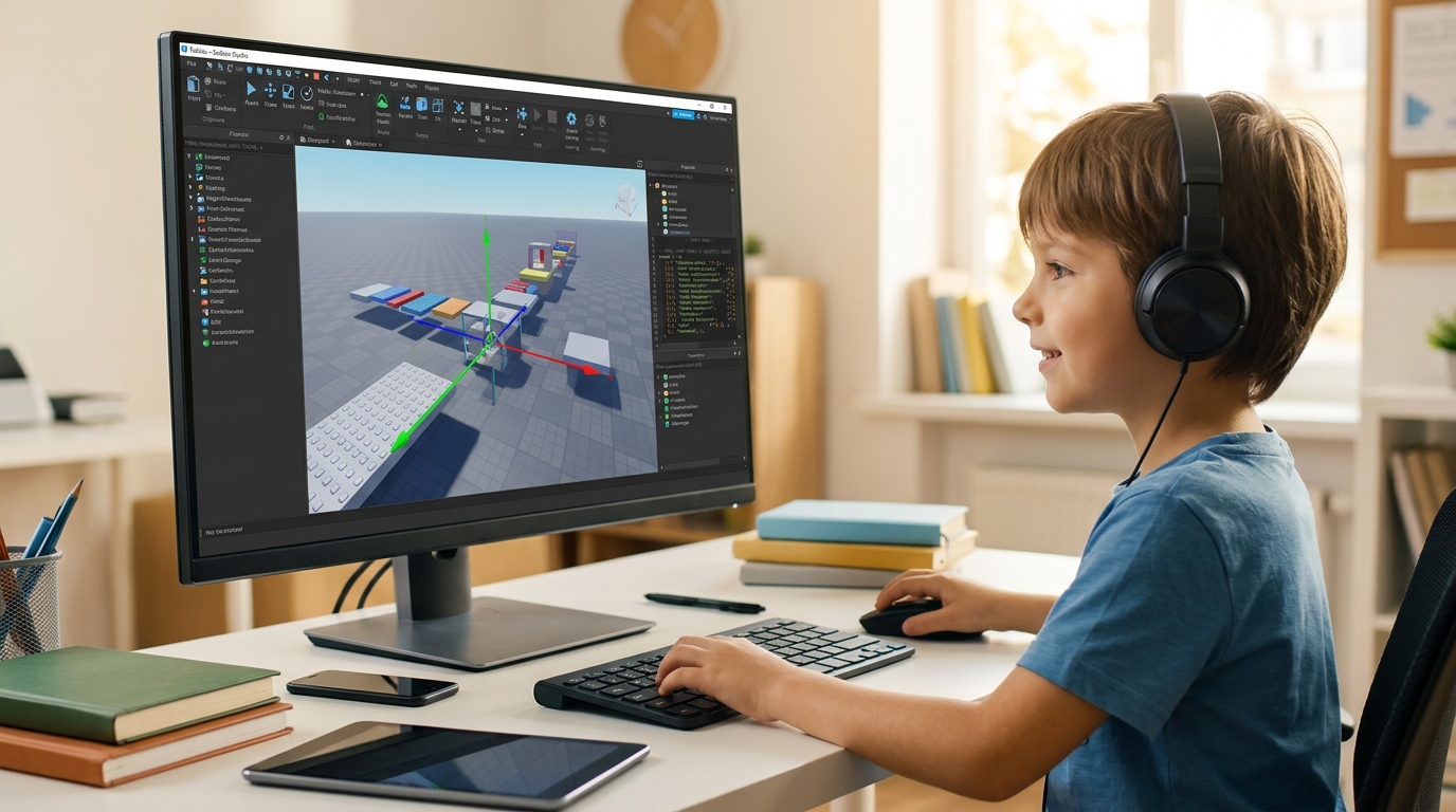 Estudiante de primaria utilizando roblox studio niños para aprender geometría 3D y programación visual de videojuegos