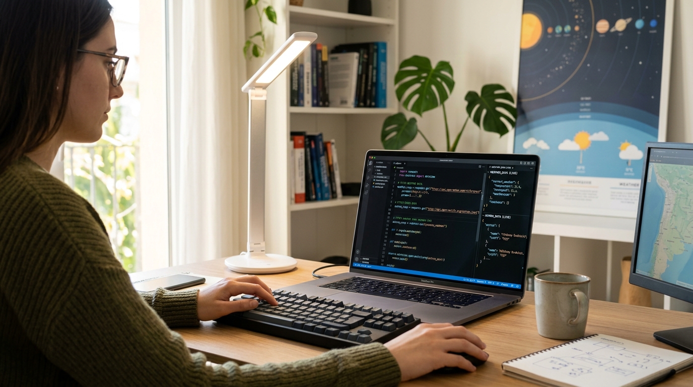 Un estudiante de programación analizando código para el consumo APIs Python con datos del espacio y el clima en pantalla.